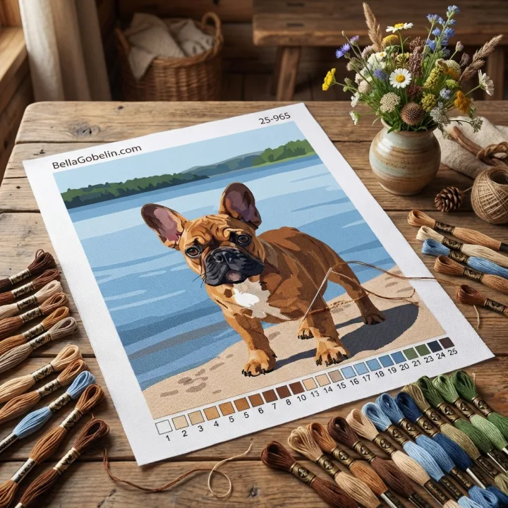 Portret psa - Szczeniak francuskiego buldoga nad jeziorem – 25-965