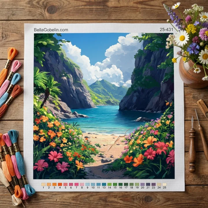 Kwiatowy nadbrzeże z gobelin-tapiserią lub needlepoint – 25-431