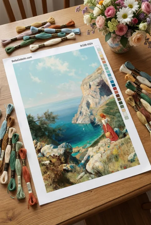 Śródziemnomorski pejzaż z kobietą w technice gobelin-tapestry