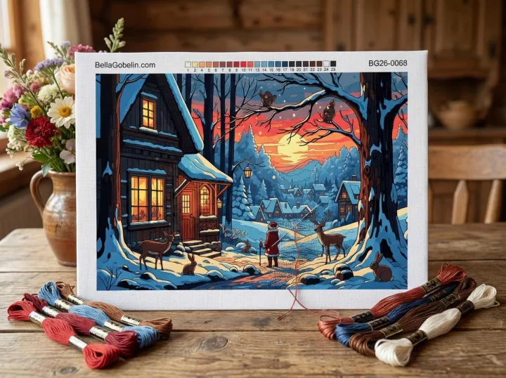Zimowy pejzaż z Mikołajem z gobelinem igneedlepoint