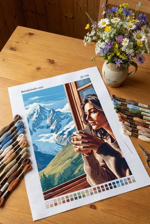 Portret kawy przy Mont Blancu z gobelinu