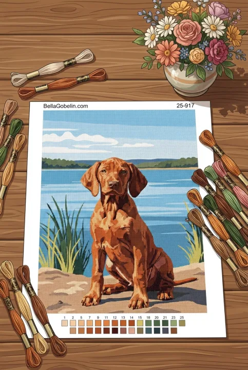 Portret psa - Szczeniak Vizsla Peckes nad jeziorem