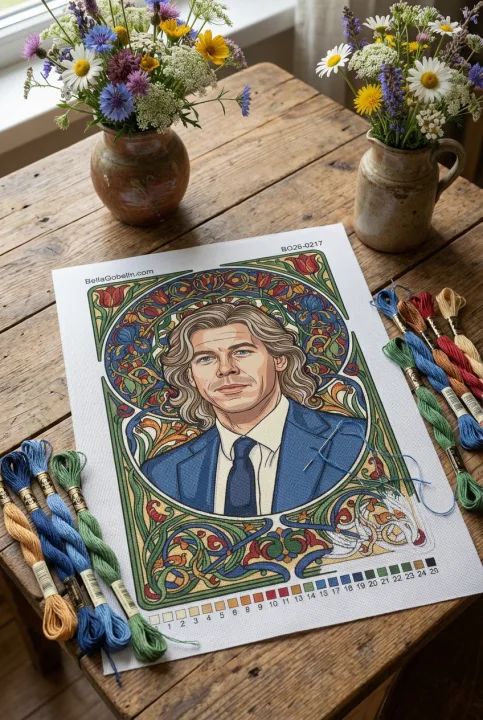 Portret w stylu Alphonse'a Muchy, wykonany techniką gobelin-tapiserii lub needlepoint. – BG26-0217
