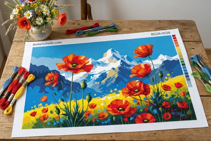 Mező pipacsokkal és hegyekkel