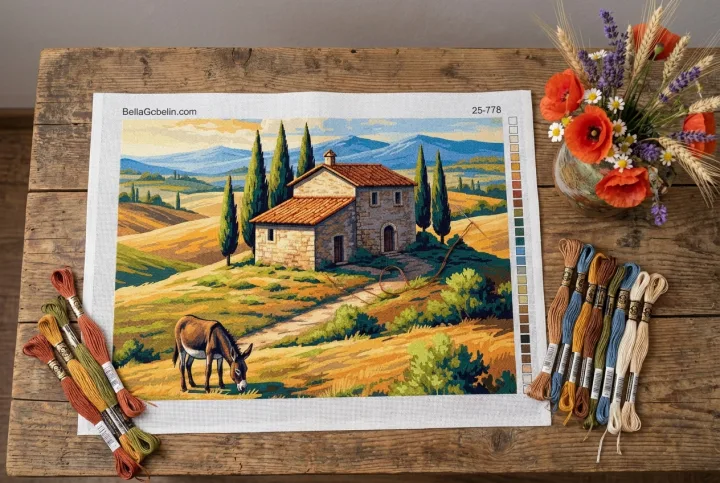 Toskański pejzaż z osłem na tyłach materiału do gobelinu-tapestry lub needlepoint