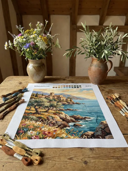 Włoski pejzaż nadmorski z gobelinem w technice haftu needlepoint