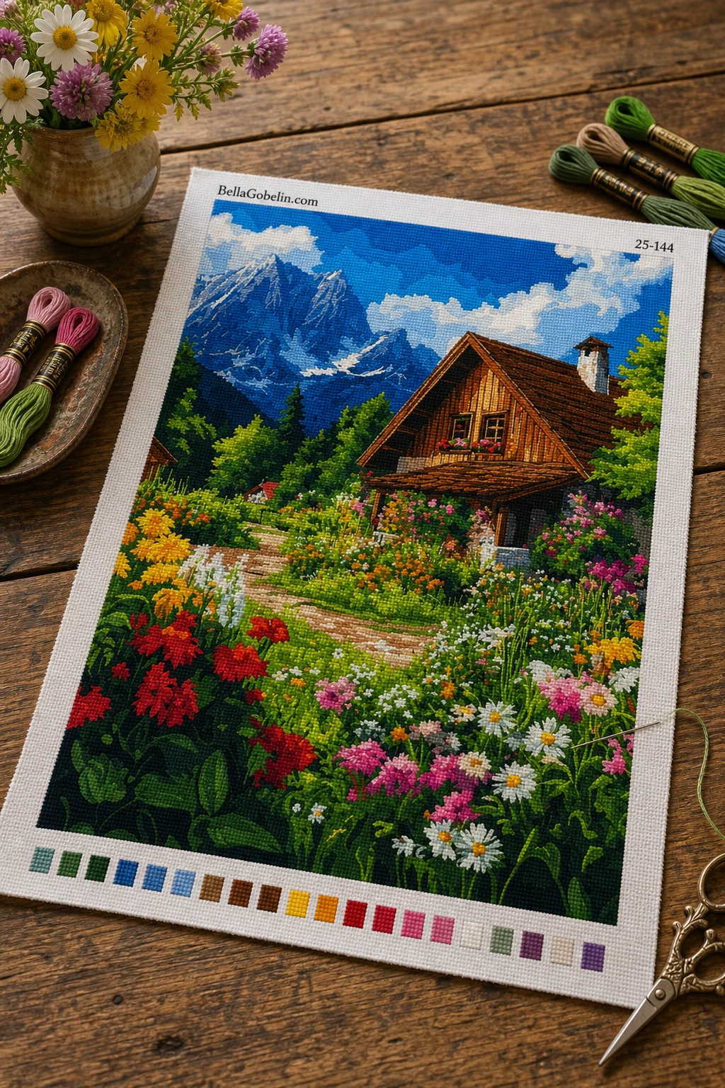 Ilustracja: Leśna chatka z pięknym ogrodem kwiatowym