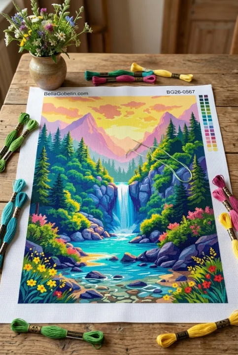 Hegyi vízesés naplementében (gobelin)