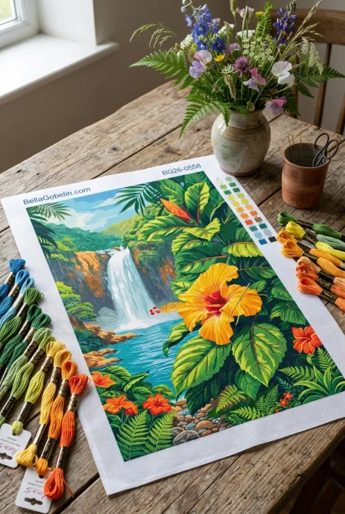 Trop waterfall z hibiskusami