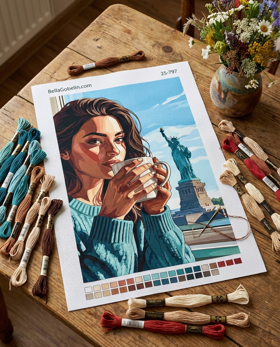 Portret kawowy przy Statule Wolności na wyszywce gobelinowej
