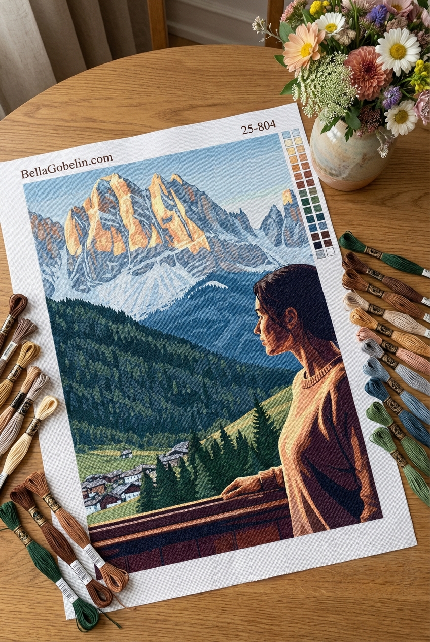 Widok na Mont Blanc z okna na gobelin-tapiserii