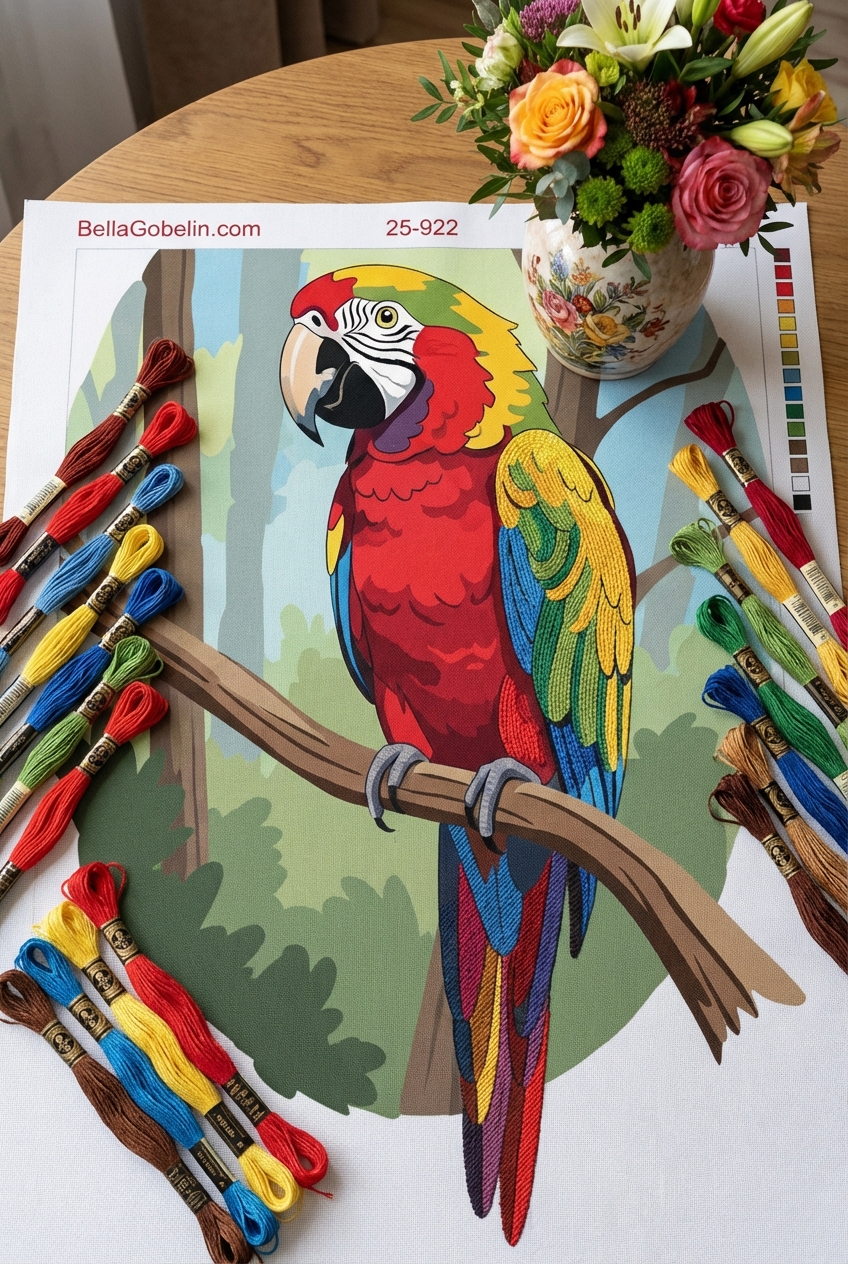 Portret papugi na gobelinie