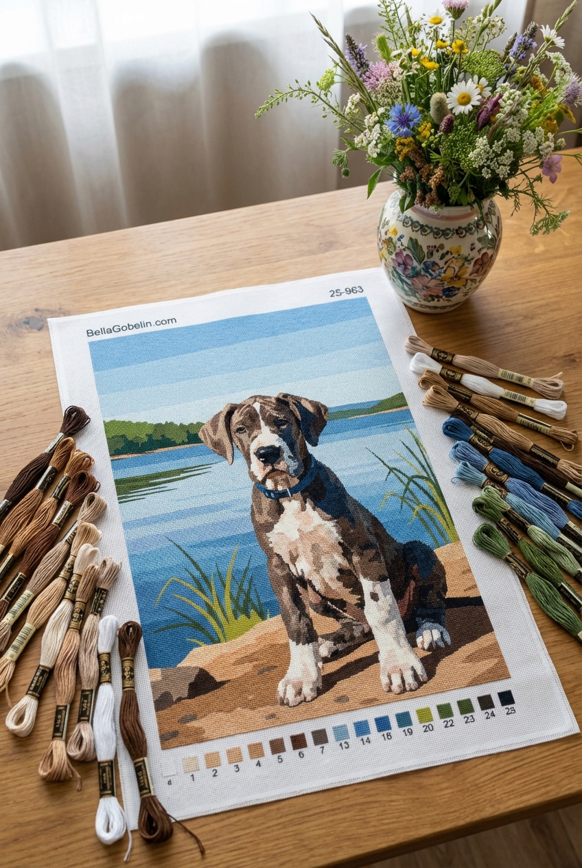 Portret psa – mały szczenię rasy niemiecki dog nad jeziorem – 25-963