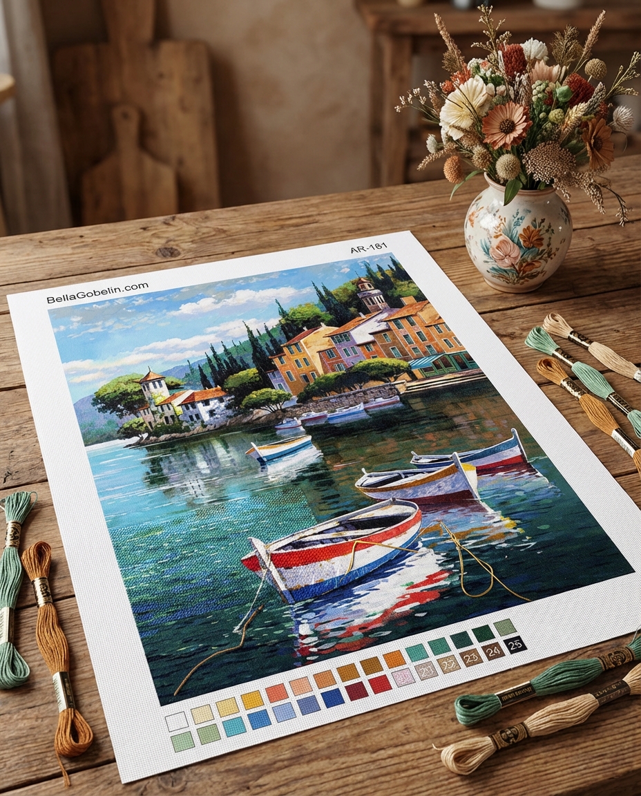Widok nad jeziorem w stylu gobelin-tapestry