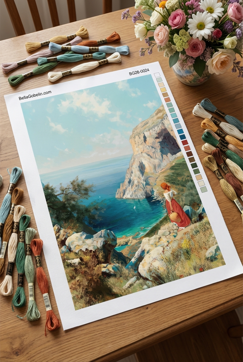 Śródziemnomorski pejzaż z kobietą w technice gobelin-tapestry