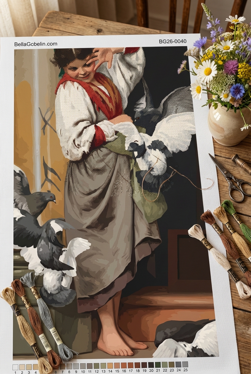 Ettore Tito - Replika obra "Dziewczynka i gołębie"