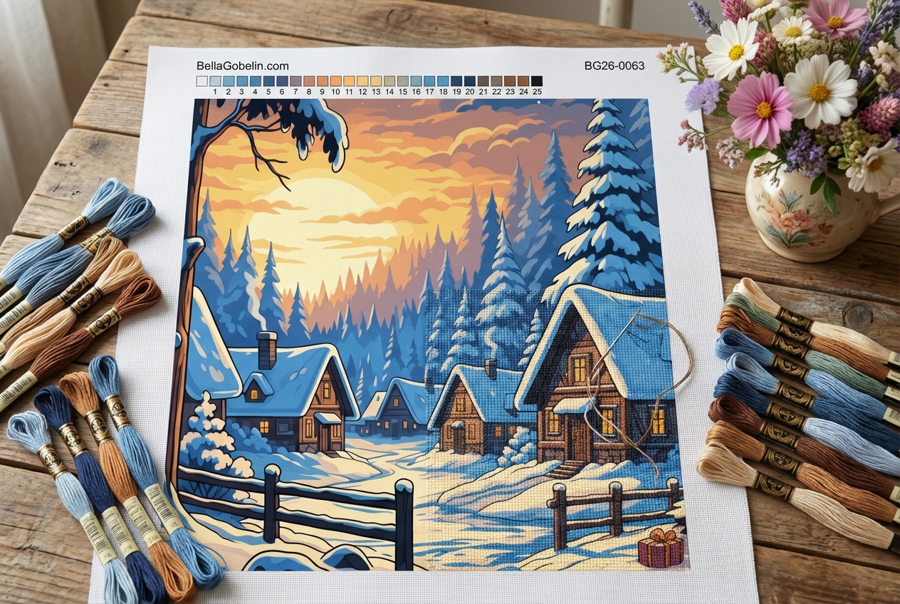 Świąteczny wiejski bożonarodzeniowy gobelin-tapestry