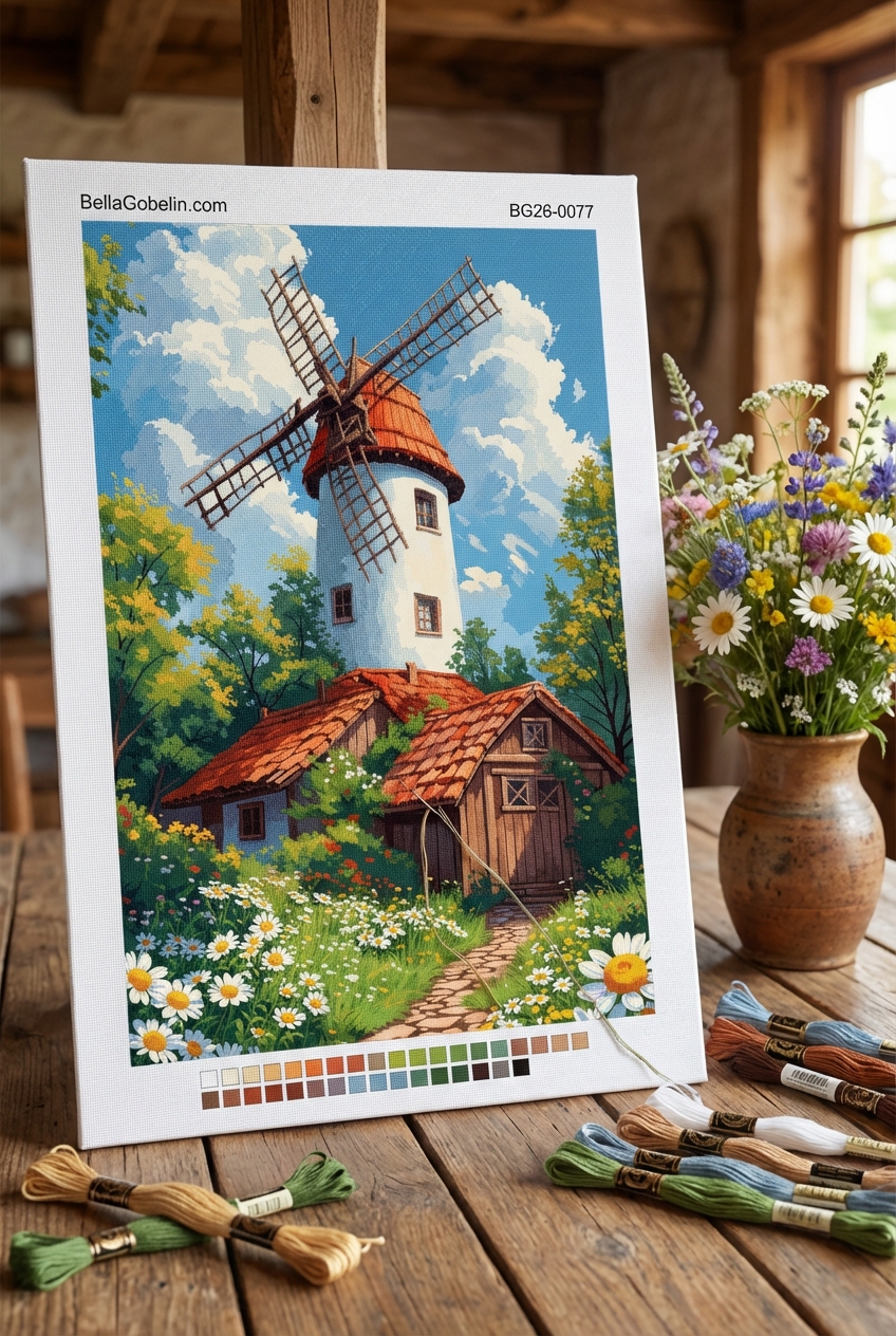 utulny krajobraz z wiatrakiem w technice gobelin-tapestry