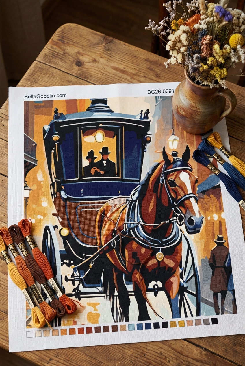 Widok na ulice Paryża z koniem na gobelin-tapestry