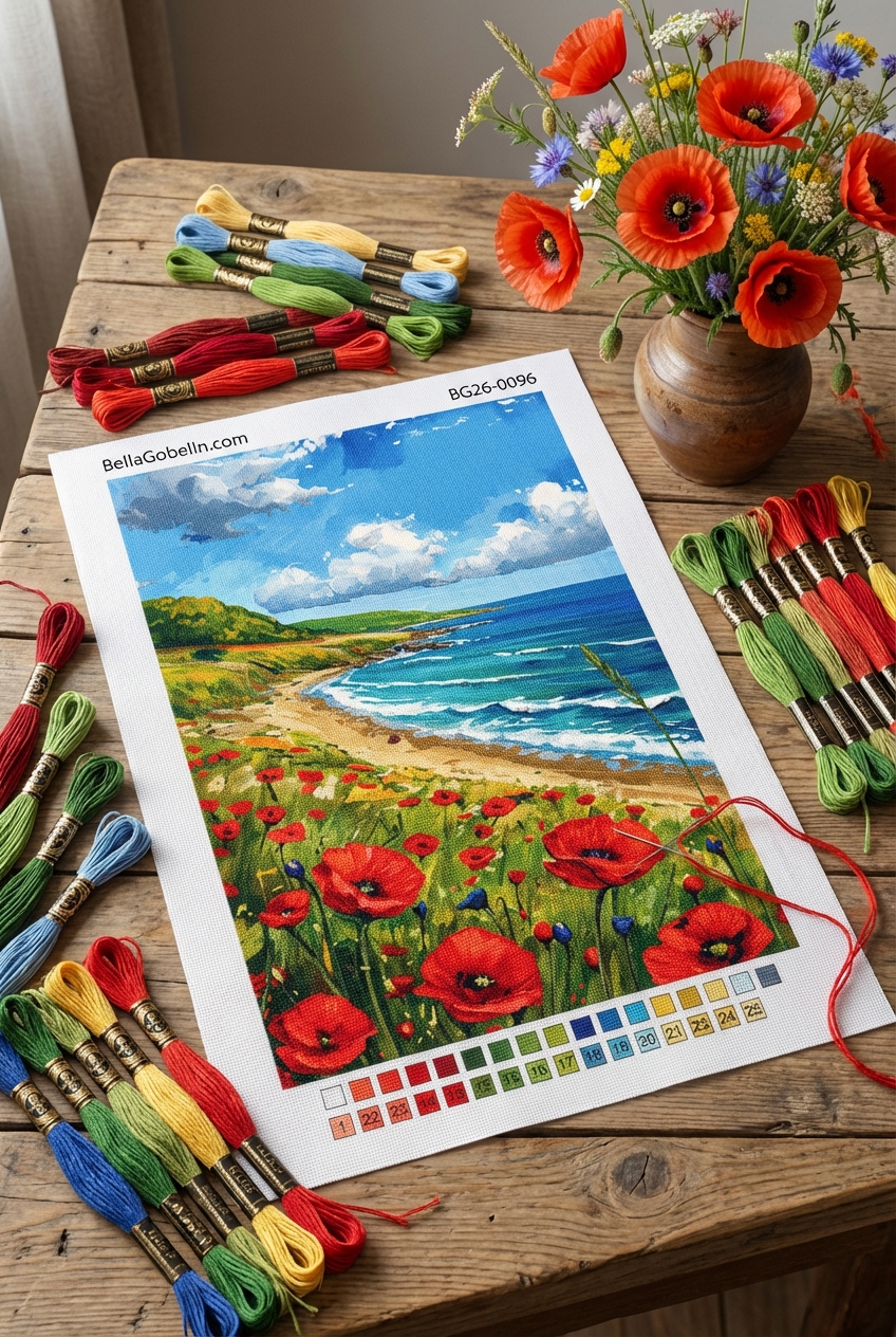 Plaża z makami na gobelin-tapiserii