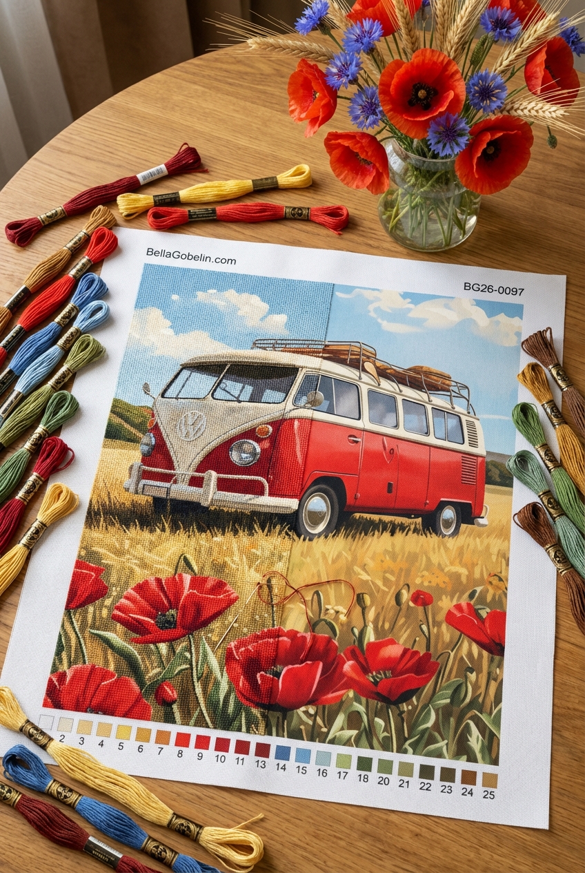Bus VW na polu maków