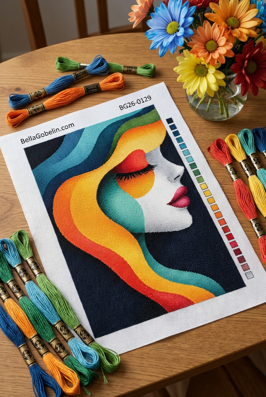 Abstrakcyjny portret kobiety w technice gobelin-tapiserii