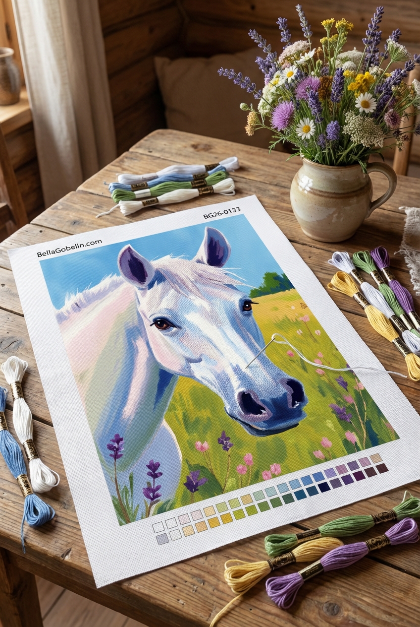 Biały koń na polu z kwiatami z gobelin-tapestry – BG26-0133