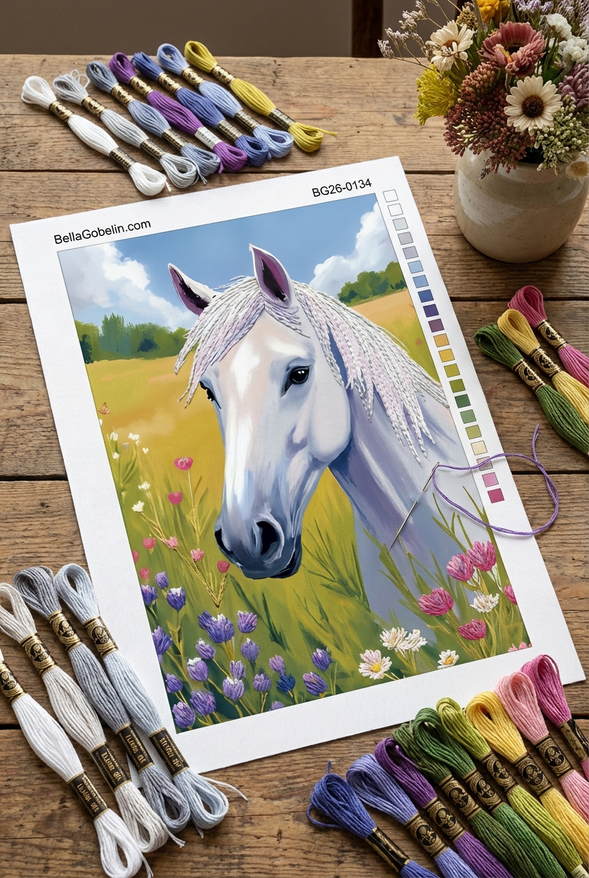 Biały koń na polu z kwiatami z gobelin-tapestry – BG26-0134