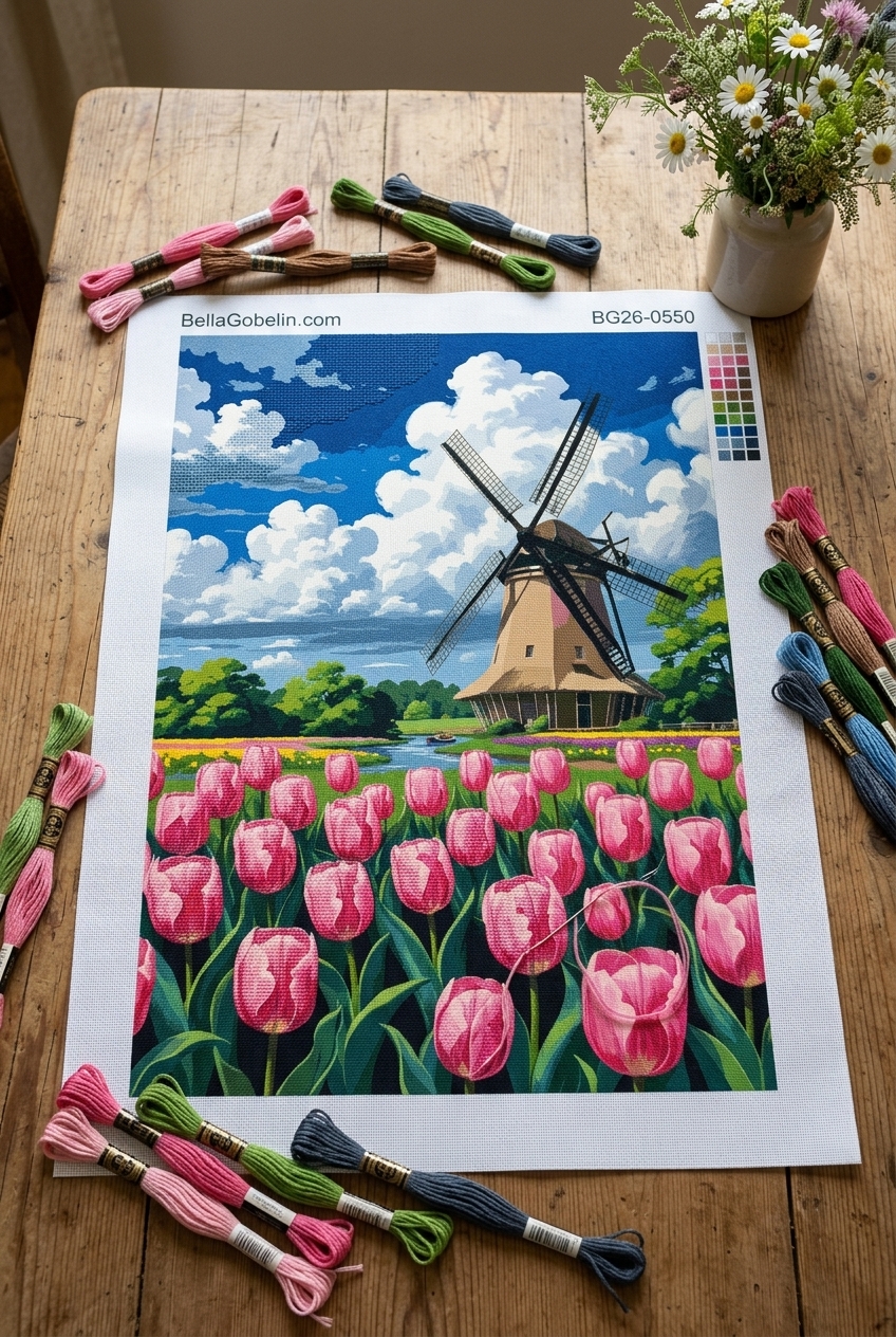 Holland szélmalom tulipánmezővel