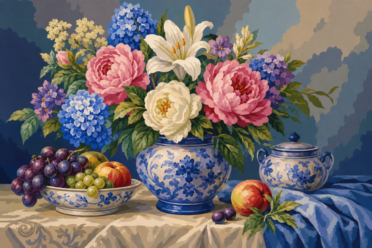 Virágcsendélet kék porcelánnal