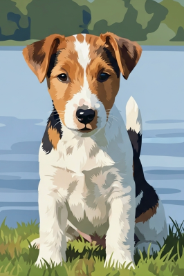 Portret psa - Mały foxterier przy jeziorze