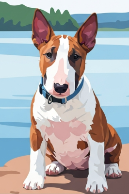 Portret psa - Bullterier nad jeziorem