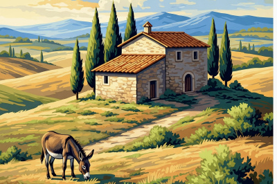Toskański pejzaż z osłem na tyłach materiału do gobelinu-tapestry lub needlepoint