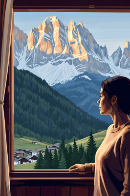 Widok na Mont Blanc z okna na gobelin-tapiserii