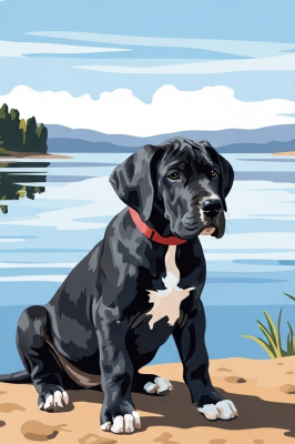 Portret psa – mały szczenię rasy niemiecki dog nad jeziorem – 25-907