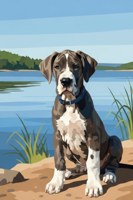 Portret psa – mały szczenię rasy niemiecki dog nad jeziorem – 25-963