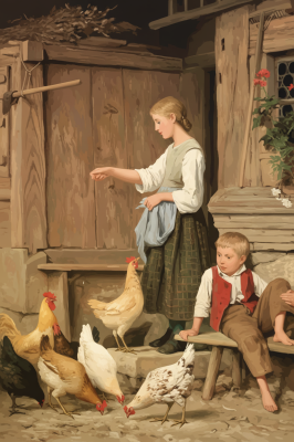 Albert Anker - Dzieci karmiące kurczaki gałęzią w technice gobelin