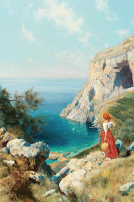 Śródziemnomorski pejzaż z kobietą w technice gobelin-tapestry