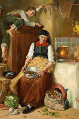 Sceneria wiejskiej kuchni z motywem życia na gobelinie