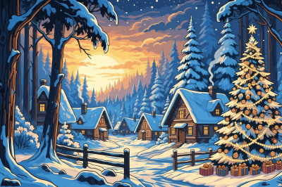 Świąteczny wiejski bożonarodzeniowy gobelin-tapestry