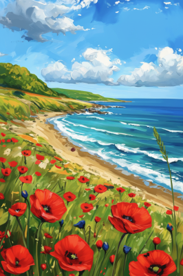 Plaża z makami na gobelin-tapiserii