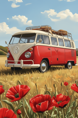 Bus VW na polu maków