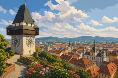 Panorama wieży zegarowej w Grazu