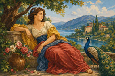 Dama z pawiem nad brzegiem jeziora