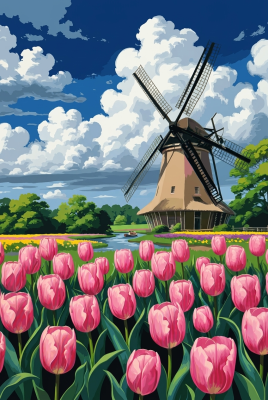 Holland szélmalom tulipánmezővel
