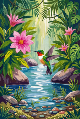 Kolibri a trópusi pataknál (gobelin)