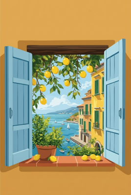 Mediterrán ablak citromokkal (gobelin)
