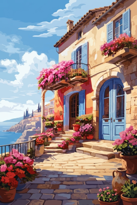 Mediterrán tengerparti ház virágokkal (gobelin)