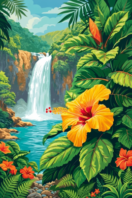 Trop waterfall z hibiskusami
