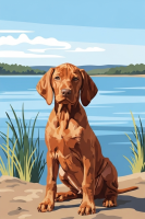 Portret psa - Szczeniak Vizsla Peckes nad jeziorem